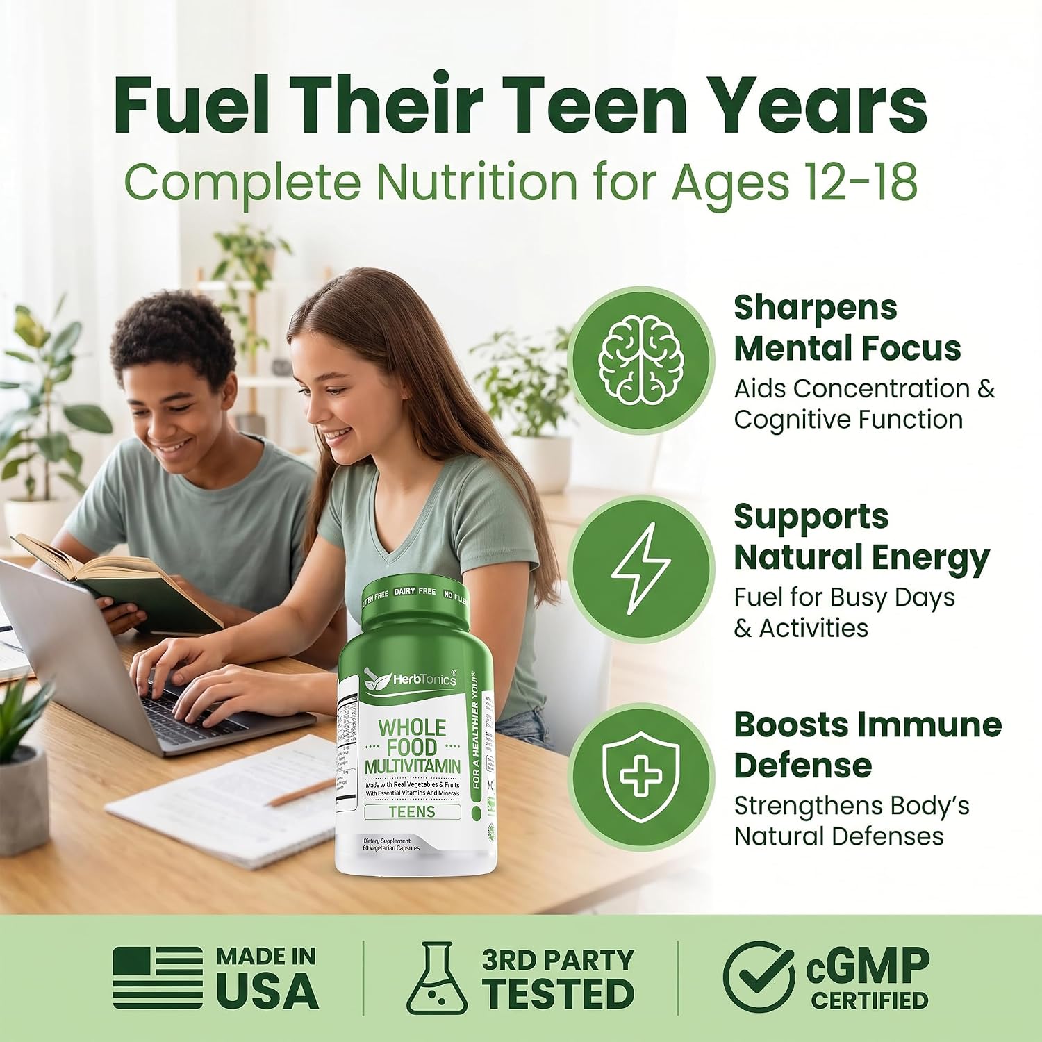 Herbtonics Whole Food Teen Vitamins - Multivitamínico para Adolescentes 12-18 Años - 60 Cápsulas Veganas