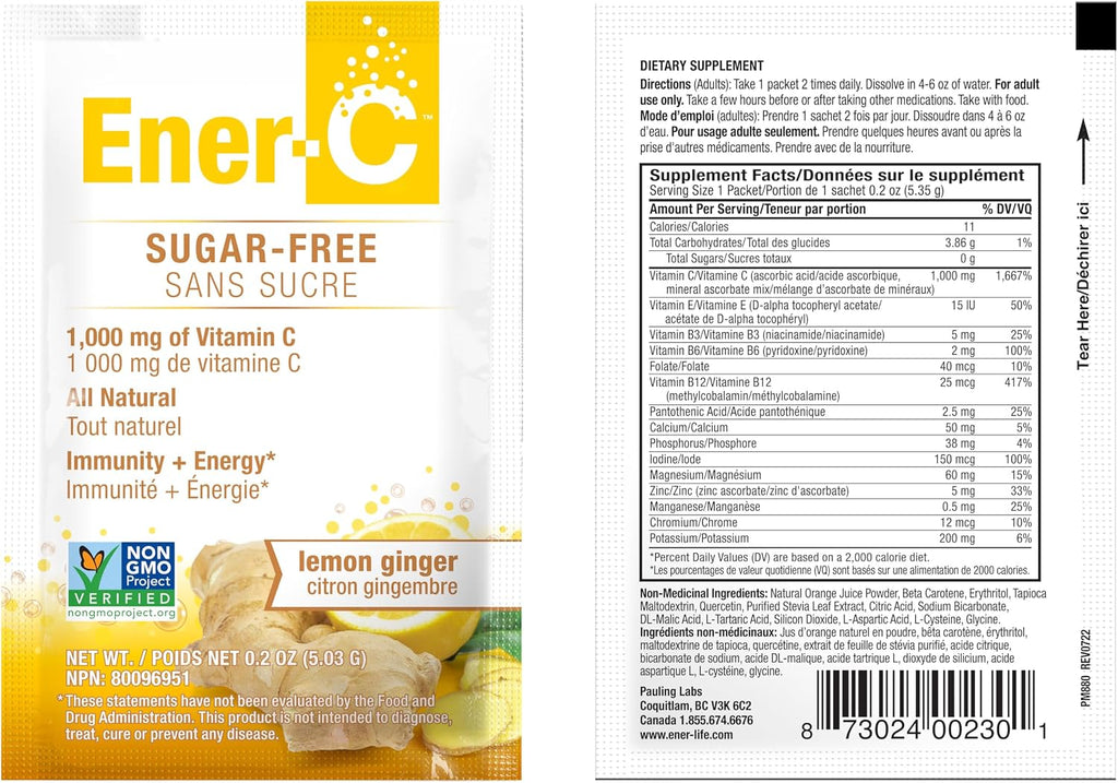 Ener-C Sugar Free Multivitamin Drink Mix - Limón y Jengibre, 30 sobres