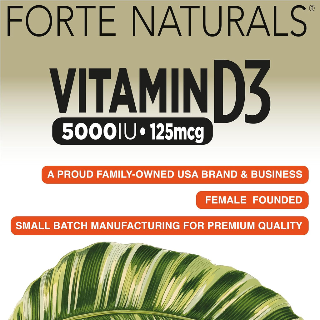 FORTE NATURALS Vitamina D3 5000 IU (125 mcg) - Cápsulas Blandas para Estómagos Sensibles