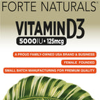 FORTE NATURALS Vitamina D3 5000 IU (125 mcg) - Cápsulas Blandas para Estómagos Sensibles