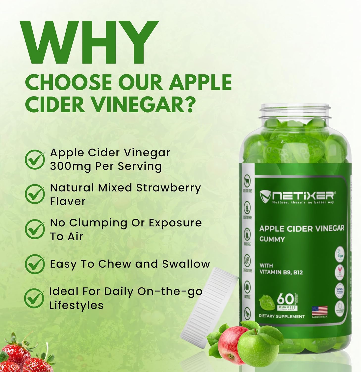 nETiXER Gominolas de Vinagre de Manzana – 350mg, con Vitamina B9 y B12 – Veganas – 60 Gominolas