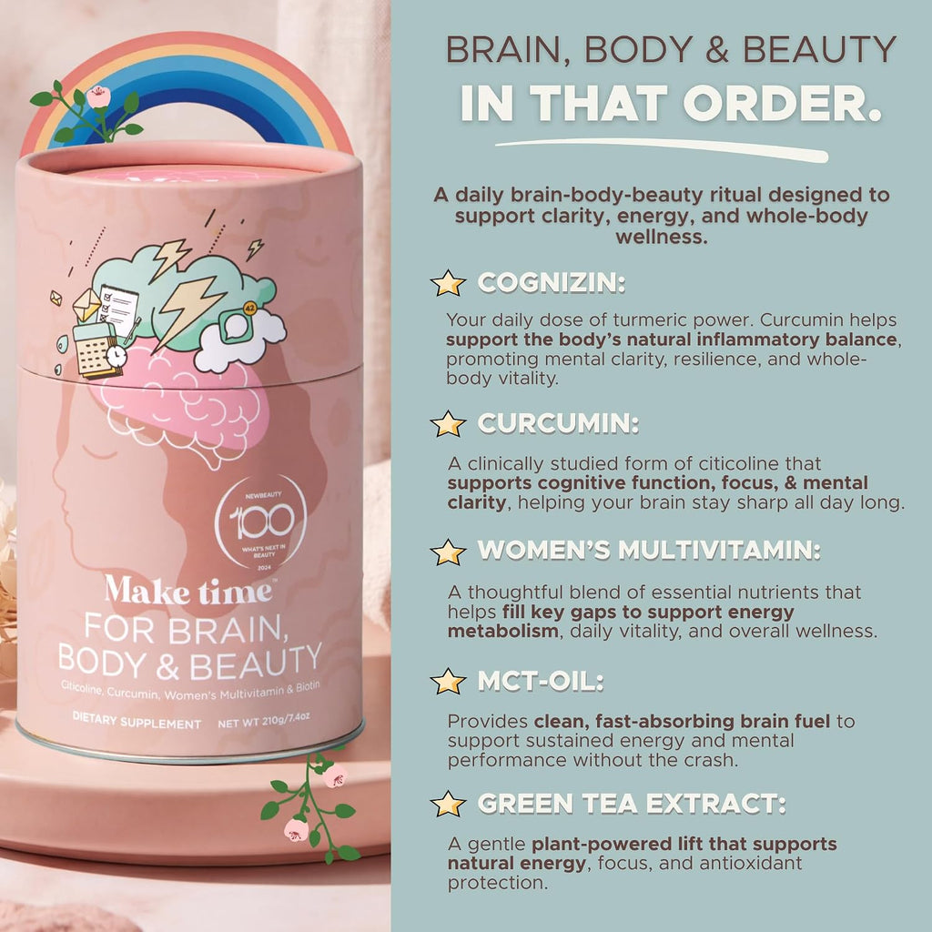 MAKE TIME Brain Health Powder - Suplemento en Polvo para Mujer (Salud Cerebral, Energía y Belleza) - 7.4 oz (30 raciones)