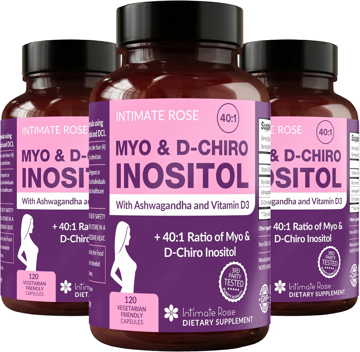 Intimate Rose Myo-Inositol y D-Chiro Inositol 40:1 con Vitamina D y Ashwagandha, 3 botes