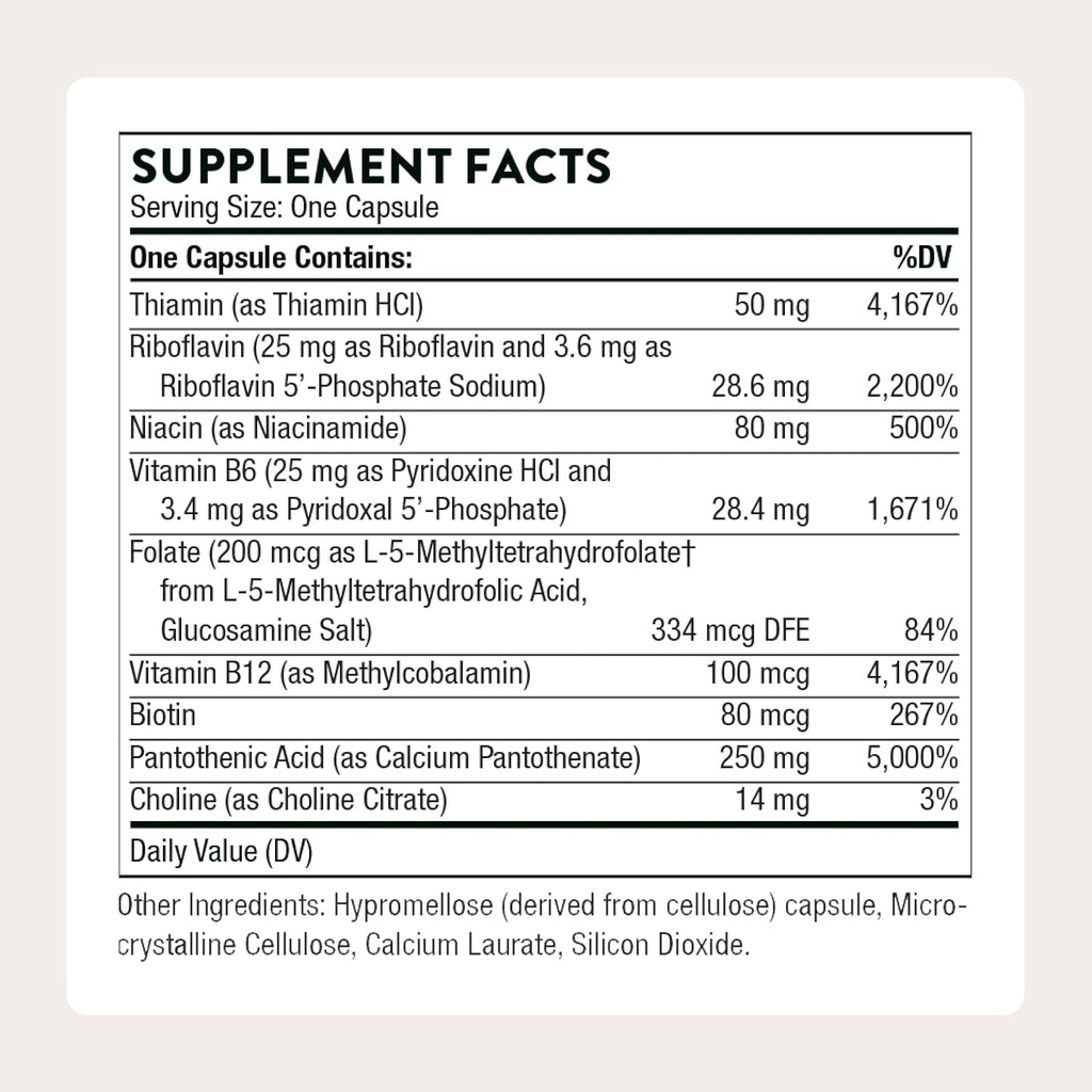 THORNE Stress B-Complex - Vitaminas B2, B6, B12 y Folato en Formas Altamente Absorbibles - Extra Vitamina B5 para Apoyo Adrenal, Manejo del Estrés y Función Inmune - 60 Cápsulas