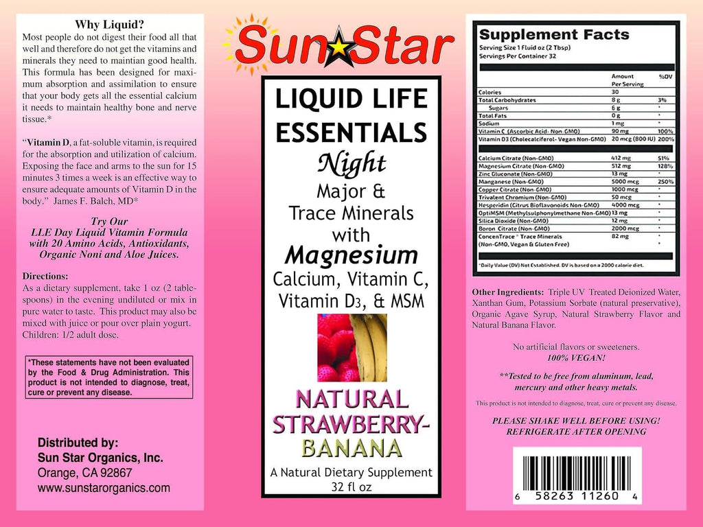 Liquid Life Essentials Night Formula (Fresa-Plátano) con Minerales, Magnesio y Calcio de Sun Star Organics