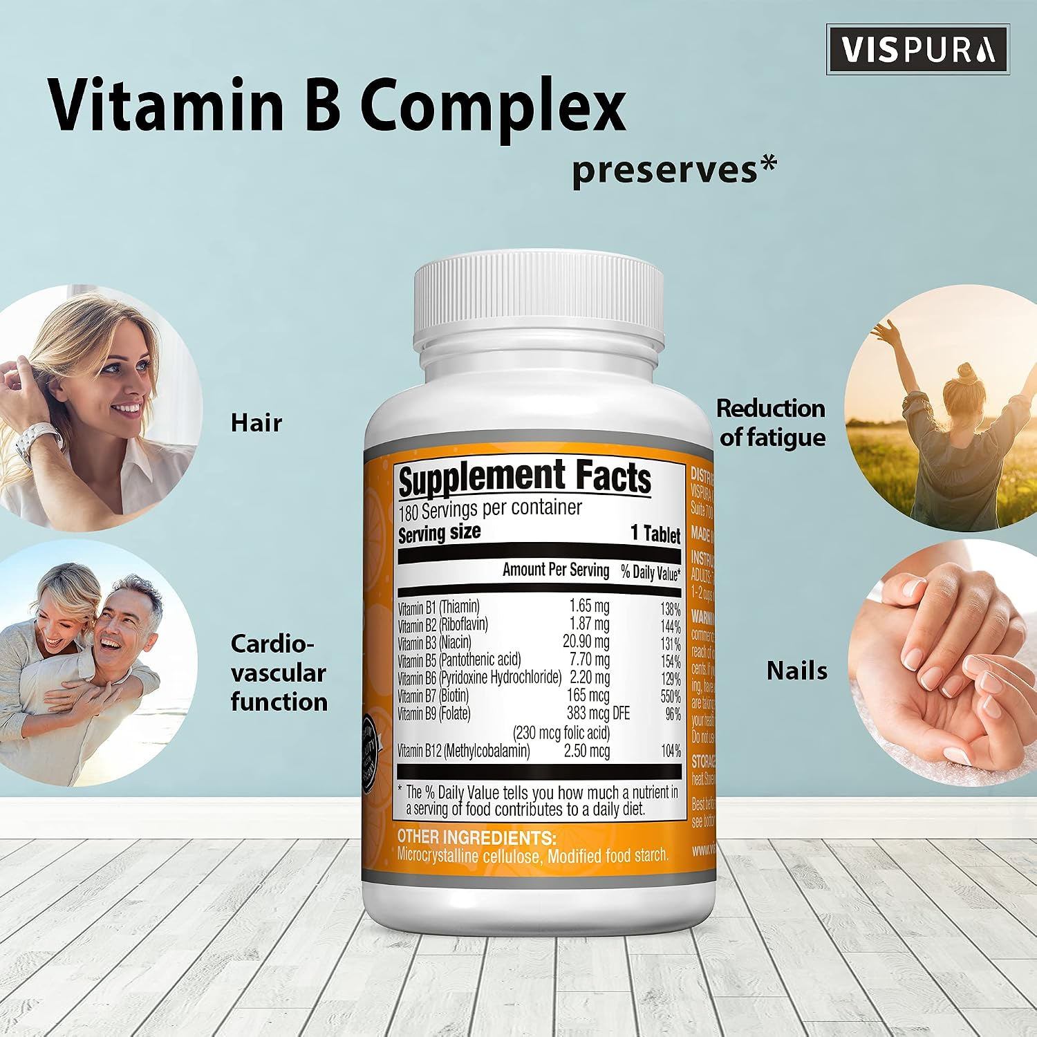 VISPURA Complejo B, 180 Comprimidos Veganos, Todas las Vitaminas B Incluyendo B12, B1, B2, B3, B5, B6, B7, B9, Ácido Fólico, para el Estrés, la Energía y un Sistema Inmunológico Saludable, Suplemento Natural Sin Aditivos
