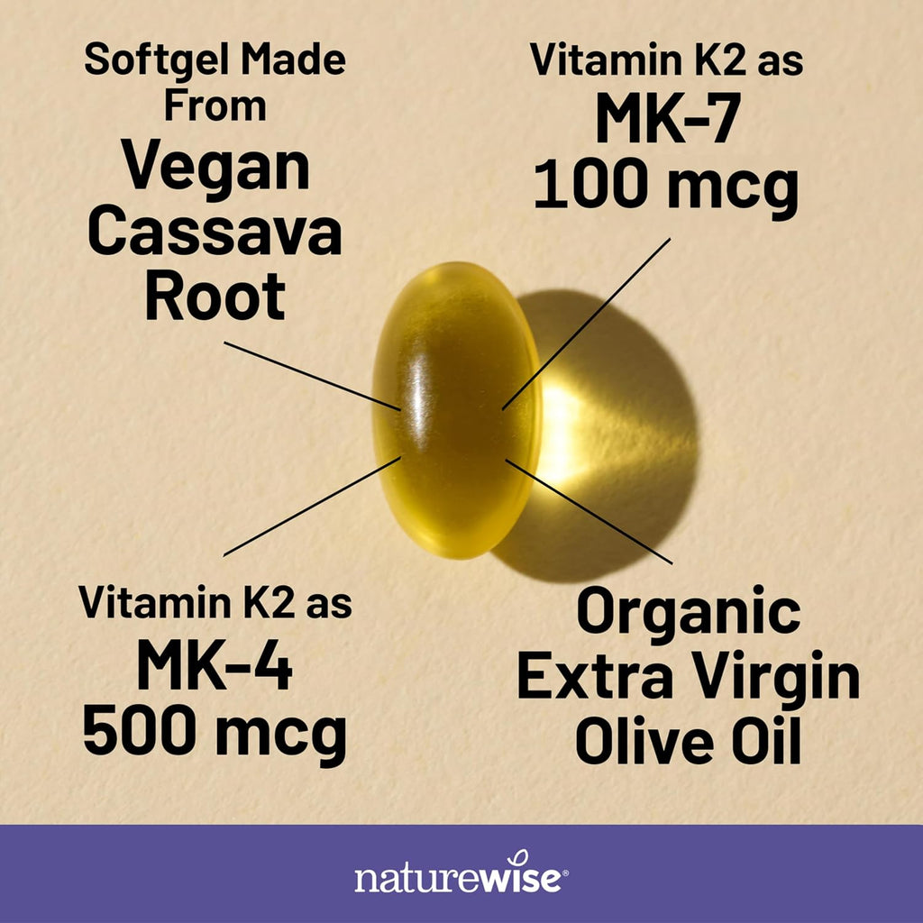 NatureWise Vitamina K2 600mcg con MK-7 100mcg y MK-4 500mcg - Complejo K para Huesos y Corazón - Vegano, Sin Gluten - 90 Cápsulas Blandas