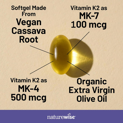NatureWise Vitamina K2 600 mcg con MK-7 100 mcg y MK-4 500 mcg - Fórmula Mejorada de Biodisponibilidad - Complejo K para la – Image 3