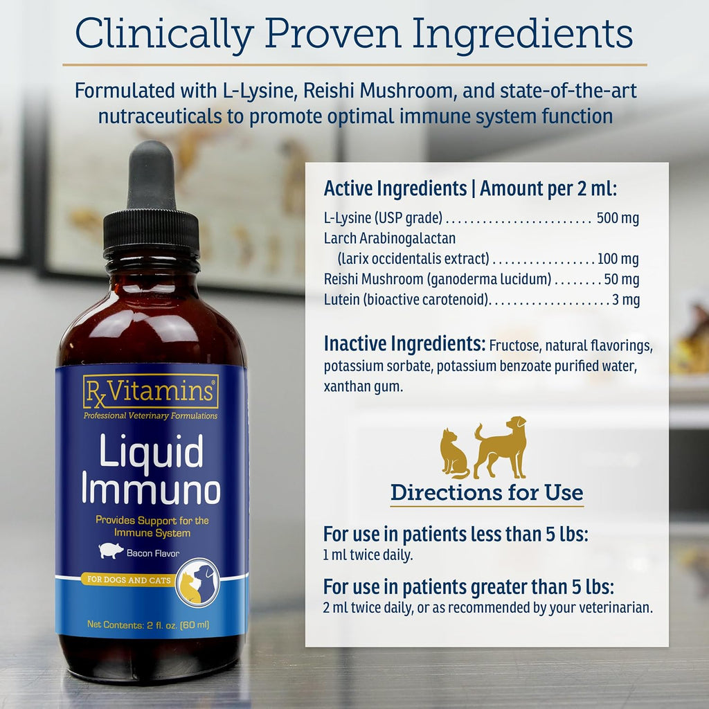 Rx Vitamins Liquid Immuno - Con L-Lisina para Perros y Gatos - Suplemento de Hongo Reishi - Vitaminas Oculares con Luteína - Sabor a Bacon (59 ml)