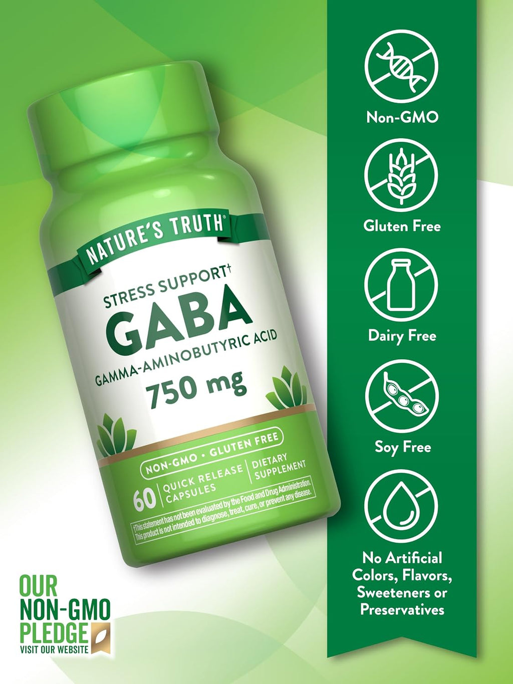 Nature's Truth GABA 750mg – 60 Cápsulas de Ácido Gamma-Aminobutírico