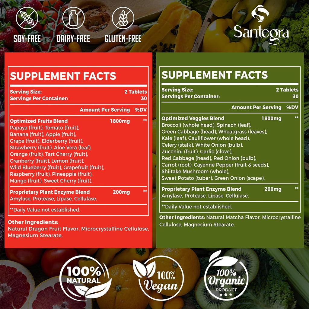 Santegra Suplemento de Frutas y Verduras 2000 mg, 35+ Frutas y Verduras, 240 Comprimidos