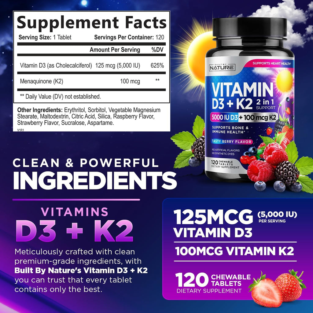 Vitamina D3 K2 Masticable, 5000 UI y K2 MK-7 100 mcg, 120 Comprimidos | Sabor a Bayas