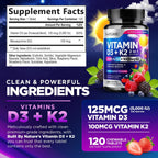 Vitamina D3 K2 Masticable, 5000 UI y K2 MK-7 100 mcg, 120 Comprimidos | Sabor a Bayas
