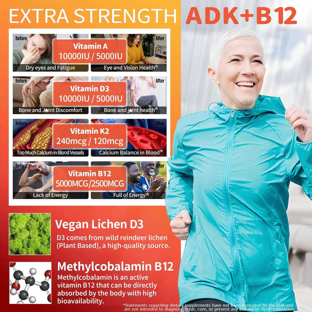 Gominolas ADK+Vitamina B12 Sin Azúcar - Vitamina D3 10000 UI, K2 MK-7 240 mcg, B12 5000 mcg, Multivitamínico Vegano para Adultos