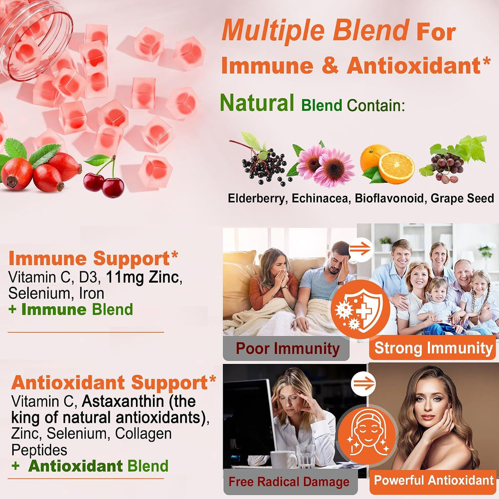 Natural Liposomal Vitamin C Gummies for Adults Kids 9+, Chewable Vitamin C w/ 11mg Zinc, D3, Elderberry, Echinacea, Bioflavonoid,Immune Support, Whole Food VIT C from Fruits, Sugar Free, 2Pack