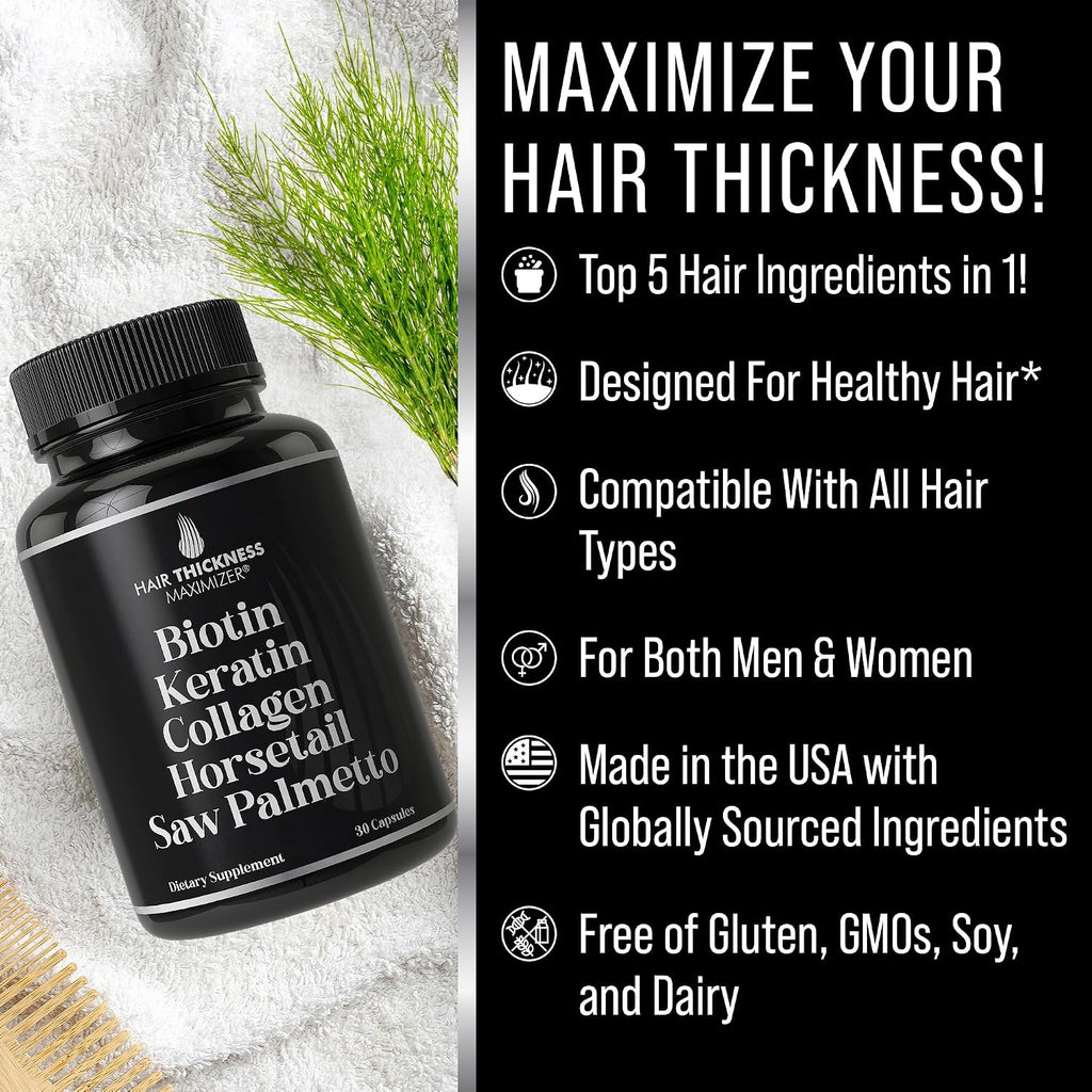 Biotina 5000mcg con Keratina, Colágeno, Cola de Caballo y Saw Palmetto – 5 en 1 para el Cabello