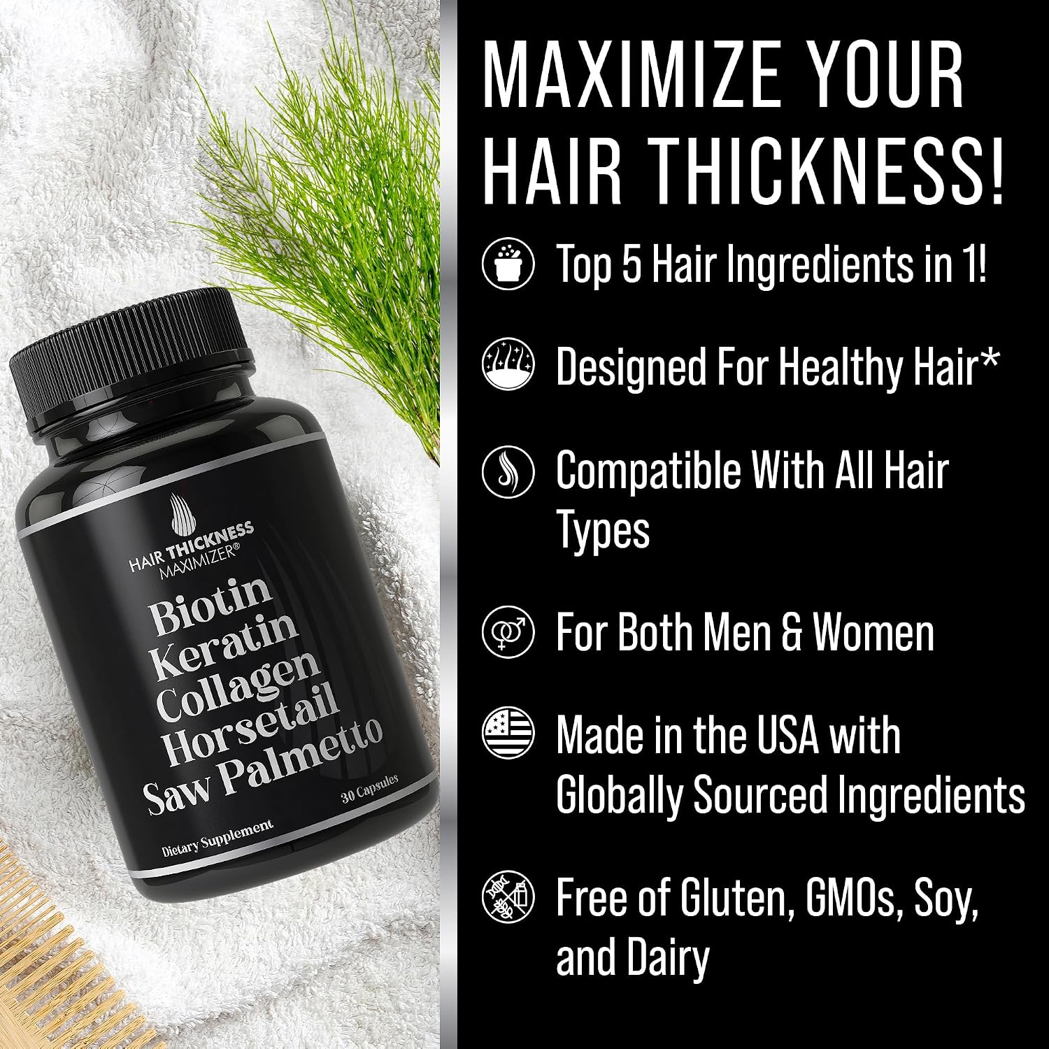 Biotina 5000mcg con Keratina, Colágeno, Cola de Caballo y Saw Palmetto – 5 en 1 para el Cabello