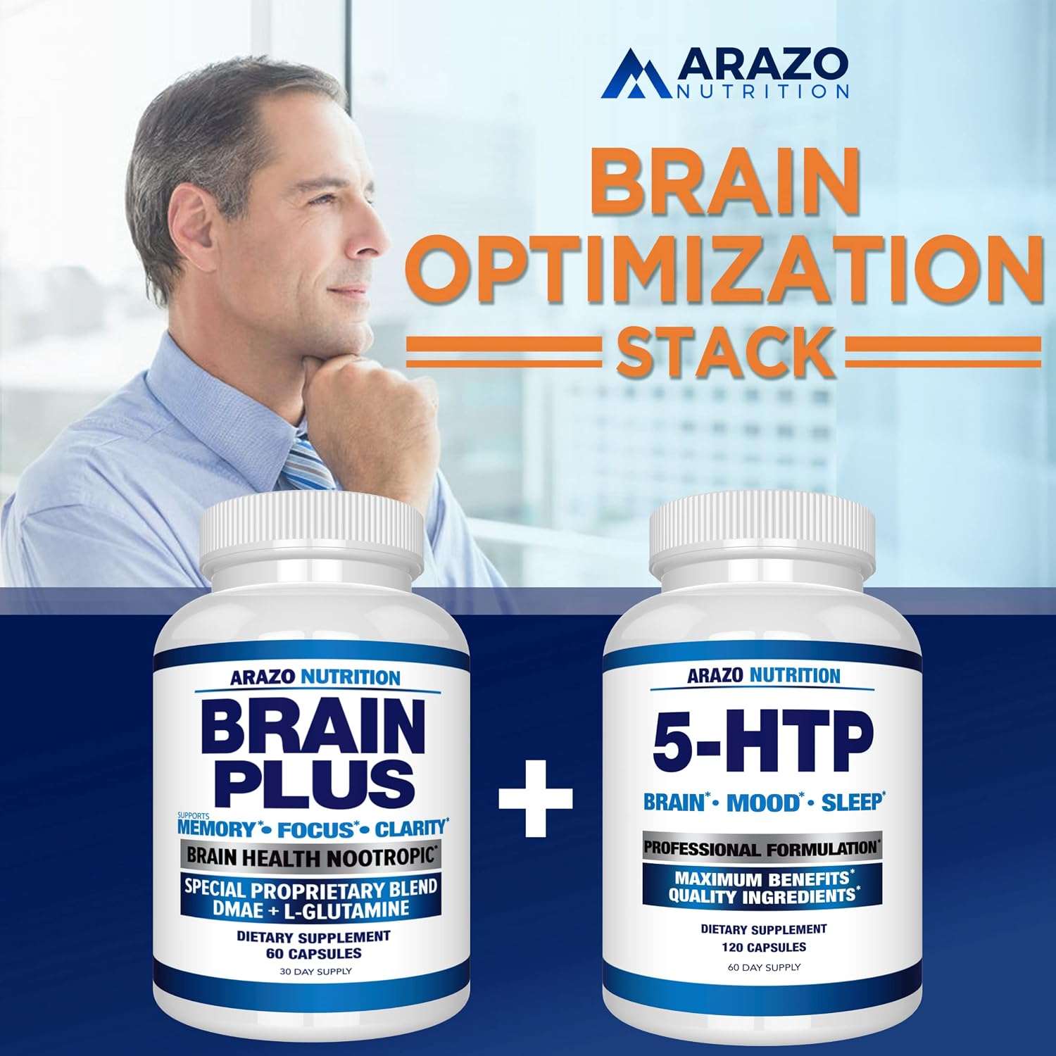 Arazo Nutrition Brain Plus – Suplemento Nootrópico para Memoria, Enfoque y Claridad Mental con DMAE, Bacopa Monnieri, L-Glutamina y Multivitaminas