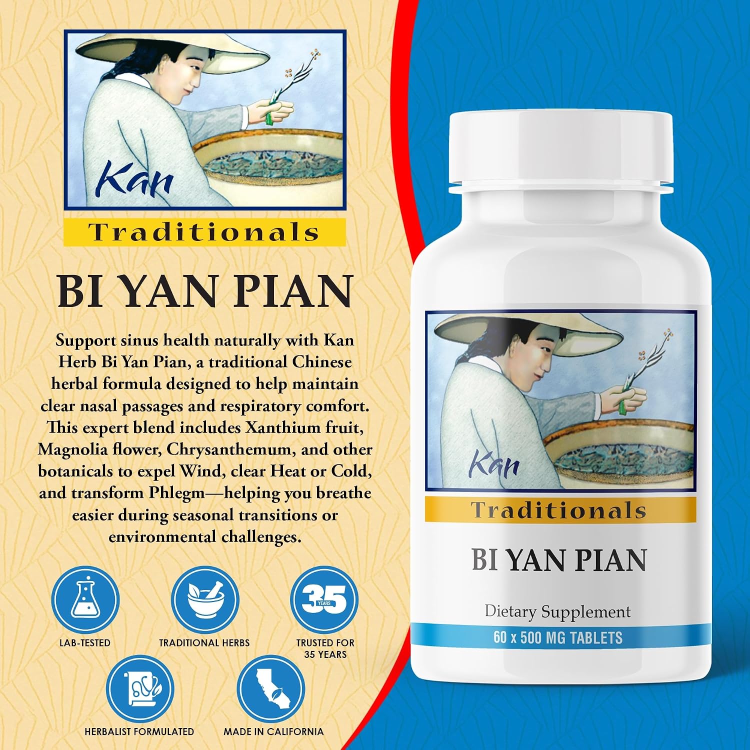 Kan Herbs Company Bi Yan Pian – Traditional Chinese Herbal Formula for Sinus Health, 60 Tablets