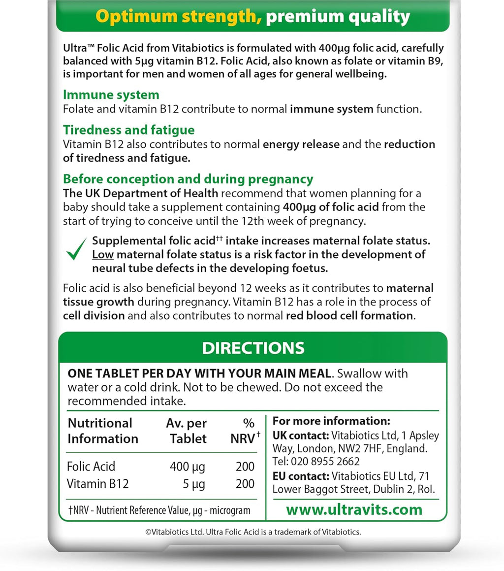 Vitabiotics Ultra Ácido Fólico 400 µg con Vitamina B12, 60 Comprimidos