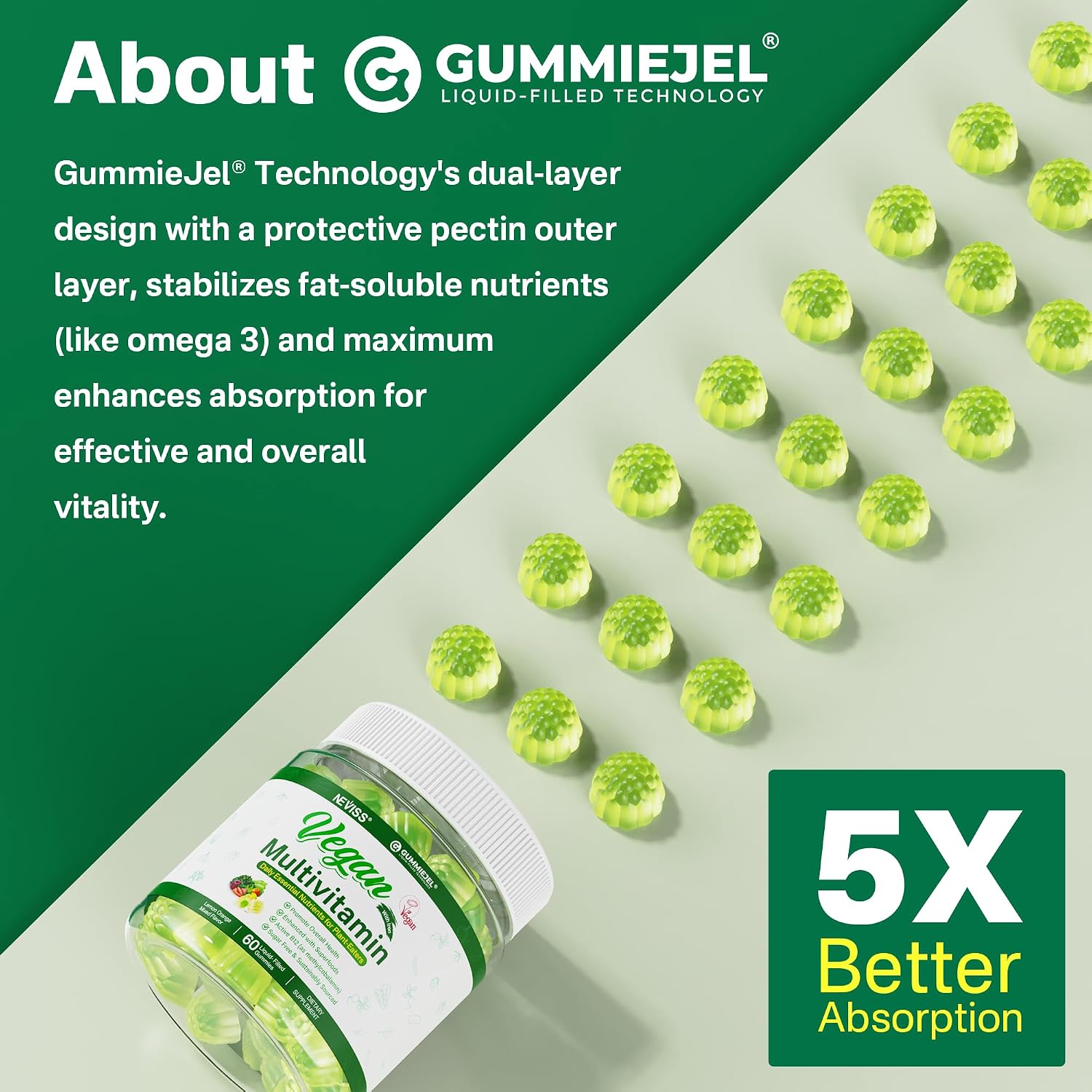 NEVISS Multivitamínico Vegano para Mujeres y Hombres - 60 Gominolas Sin Azúcar con B12, D3+K2, Omega-3, Hierro, Colina, Zinc