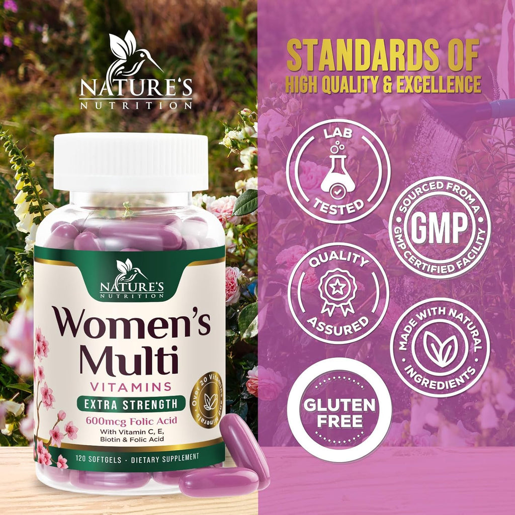 Multivitamínico para Mujeres - Completo Diario con Calcio, Ácido Fólico, Vitaminas A, C, D, E y Grupo B, Zinc y Hierro - Apoyo para Huesos, Energía e Inmunidad - 120 Cápsulas Blandas