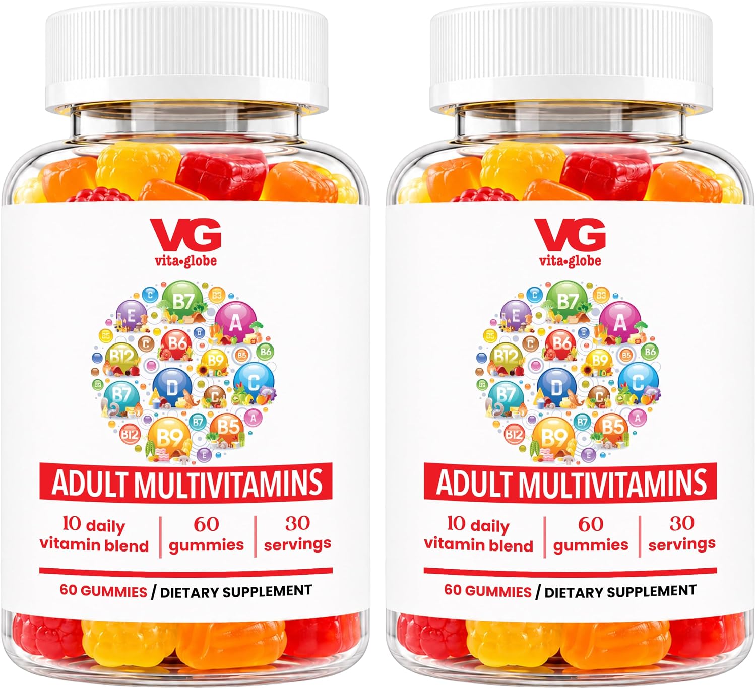 VITA GLOBE Multivitamin Gummies Adultos - 9 Vitaminas Esenciales con C, D, E, B6, B12, Folato y Biotina - Sabor Naranja, Melocotón y Fresa - 120 Gominolas (2 Envases de 60)