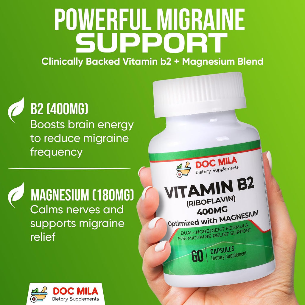 Vitamina B2 Riboflavina 400mg con Magnesio – 60 Cápsulas Veganas para el Alivio de Migrañas