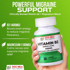 Vitamina B2 Riboflavina 400mg con Magnesio – 60 Cápsulas Veganas para el Alivio de Migrañas
