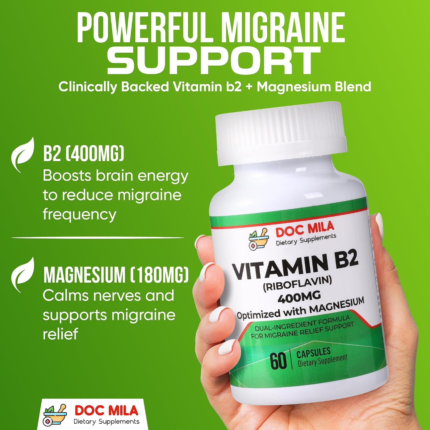 Vitamina B2 Riboflavina 400mg con Magnesio – 60 Cápsulas Veganas para el Alivio de Migrañas