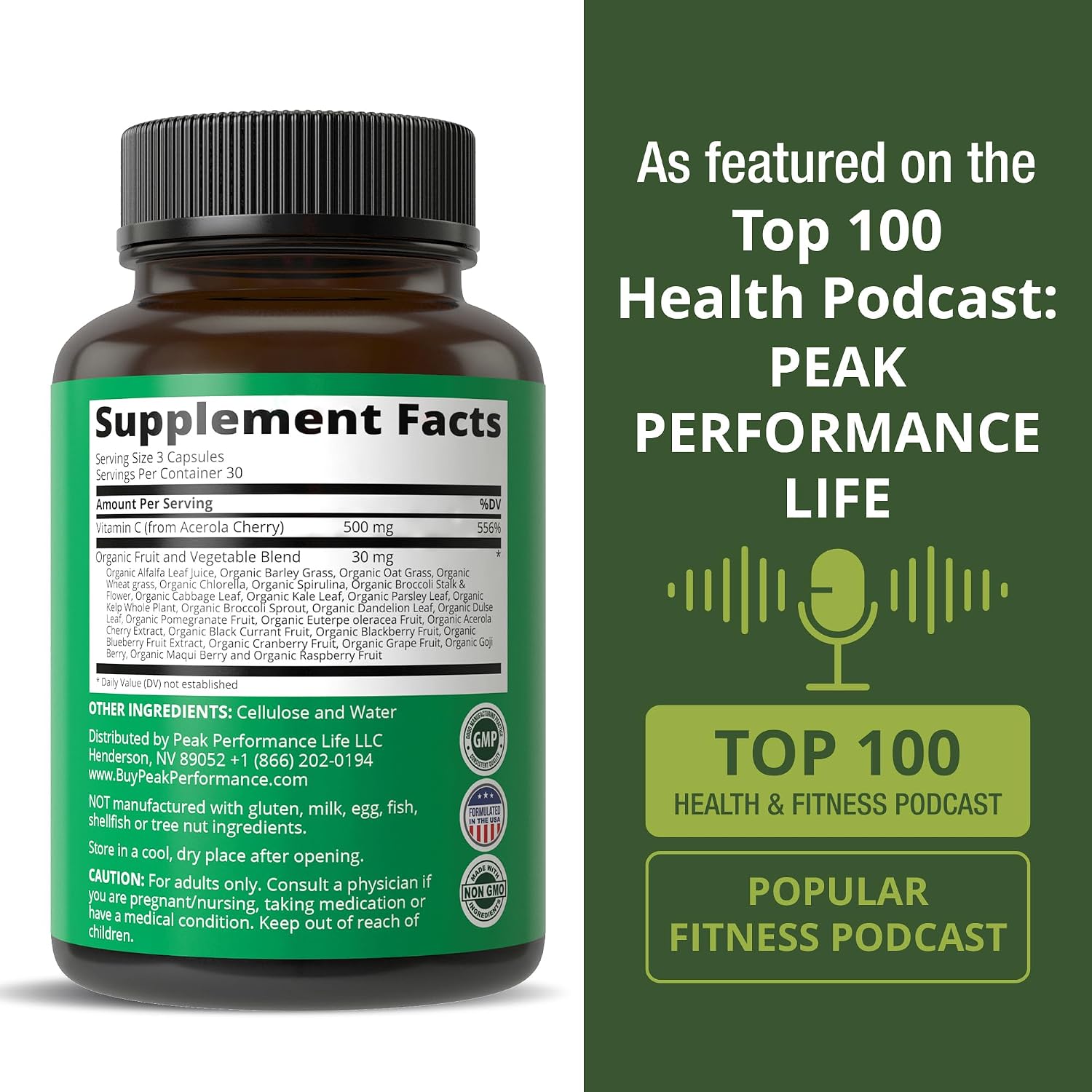 Peak Performance Cápsulas de Vitamina C Natural de Acerola - 90 Cápsulas, 500 mg por Toma