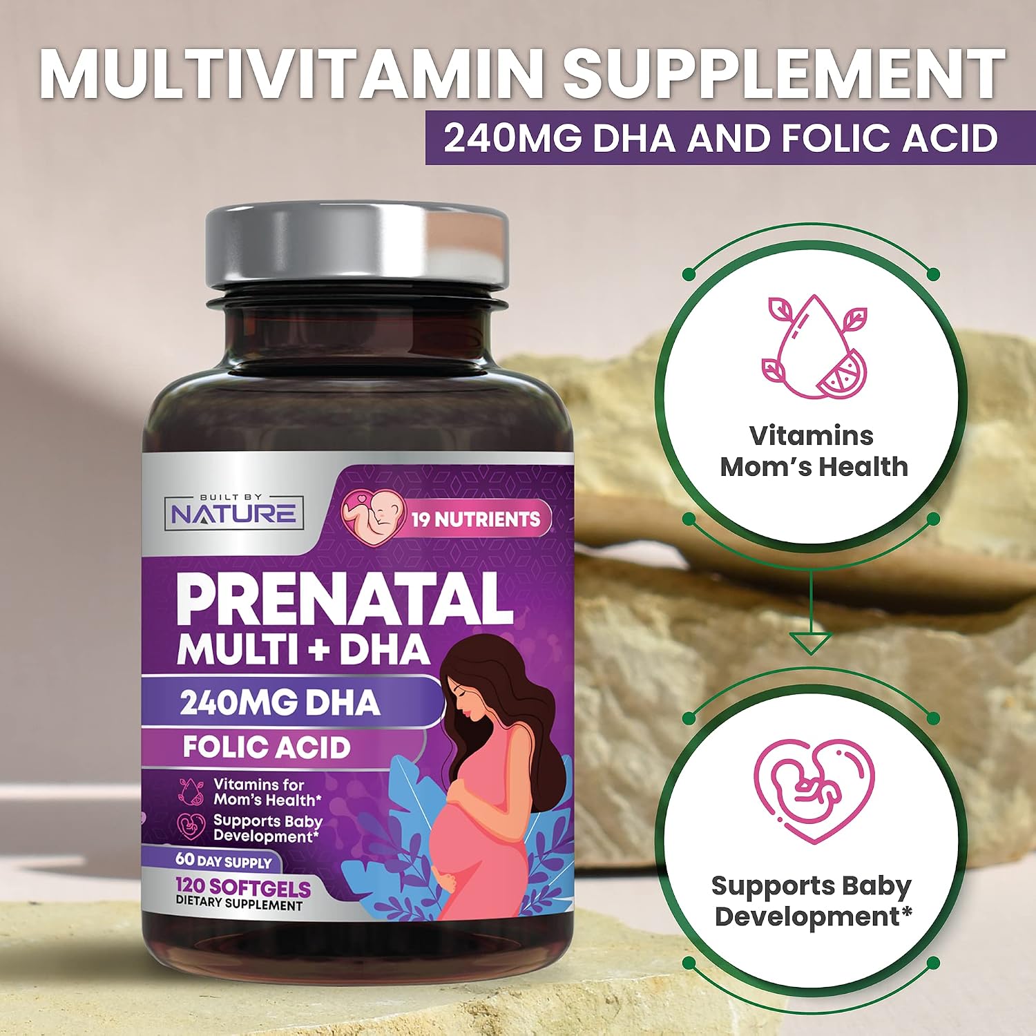 Built by Nature Vitaminas Prenatales para Mujeres - 120 Softgels con DHA y Omega-3, Ácido Fólico, Vitamina C, B12 y Hierro