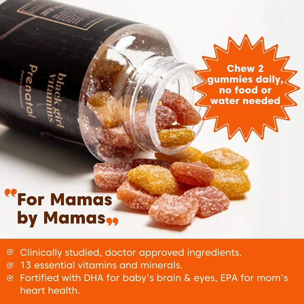 Black Girl Vitamins - Gominolas Prenatales para Mujeres con Folato, Sin Gluten, Sabor Frambuesa-Limonada, 60 uds