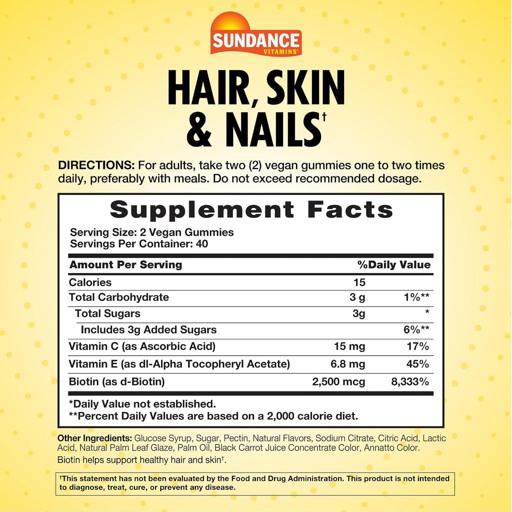 Sundance Gominolas de Biotina para Cabello, Piel y Uñas | 2500 mcg | 80 unidades | Sabor a fruta | Vegano, Sin OGM y Sin Gluten