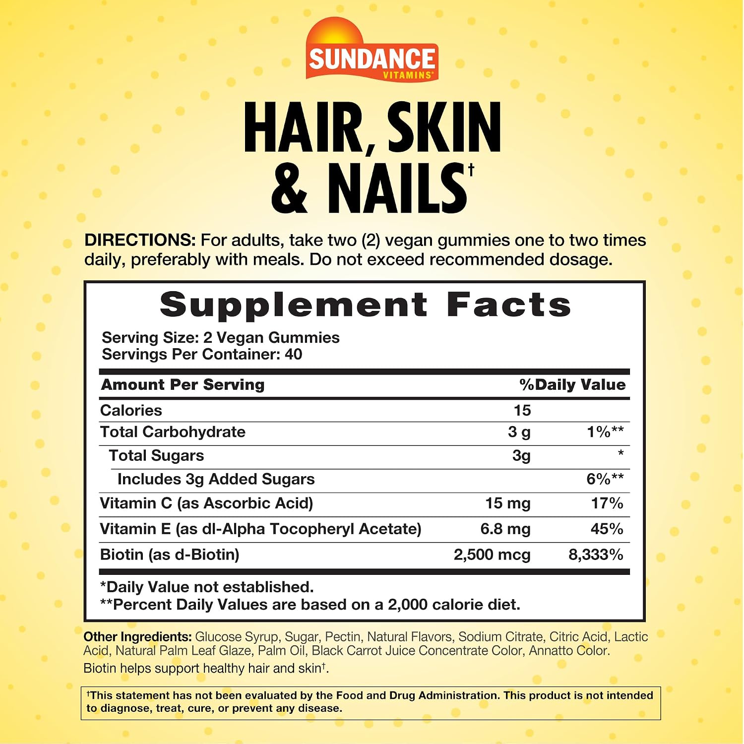 Sundance Gominolas de Biotina para Cabello, Piel y Uñas | 2500 mcg | 80 unidades | Sabor a fruta | Vegano, Sin OGM y Sin Gluten