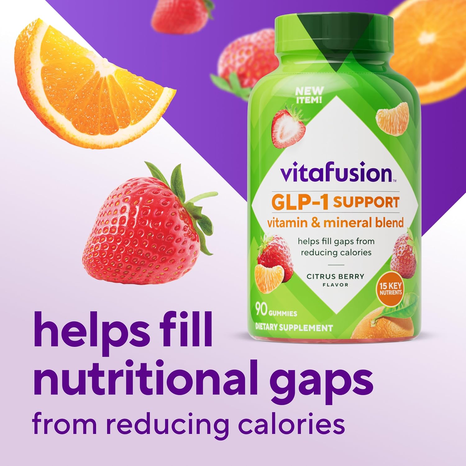 vitafusion GLP-1 Support Multivitamínico, Mezcla de Vitaminas y Minerales, 15 Nutrientes Esenciales, Sabor Cítricos y Bayas, 90 Gominolas, 45 Días