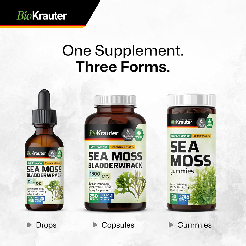 BIO KRAUTER® 2-in-1 Sea Moss y Bladderwrack Gotas – Suplemento Vegano de Algas Marinas, 59 ml