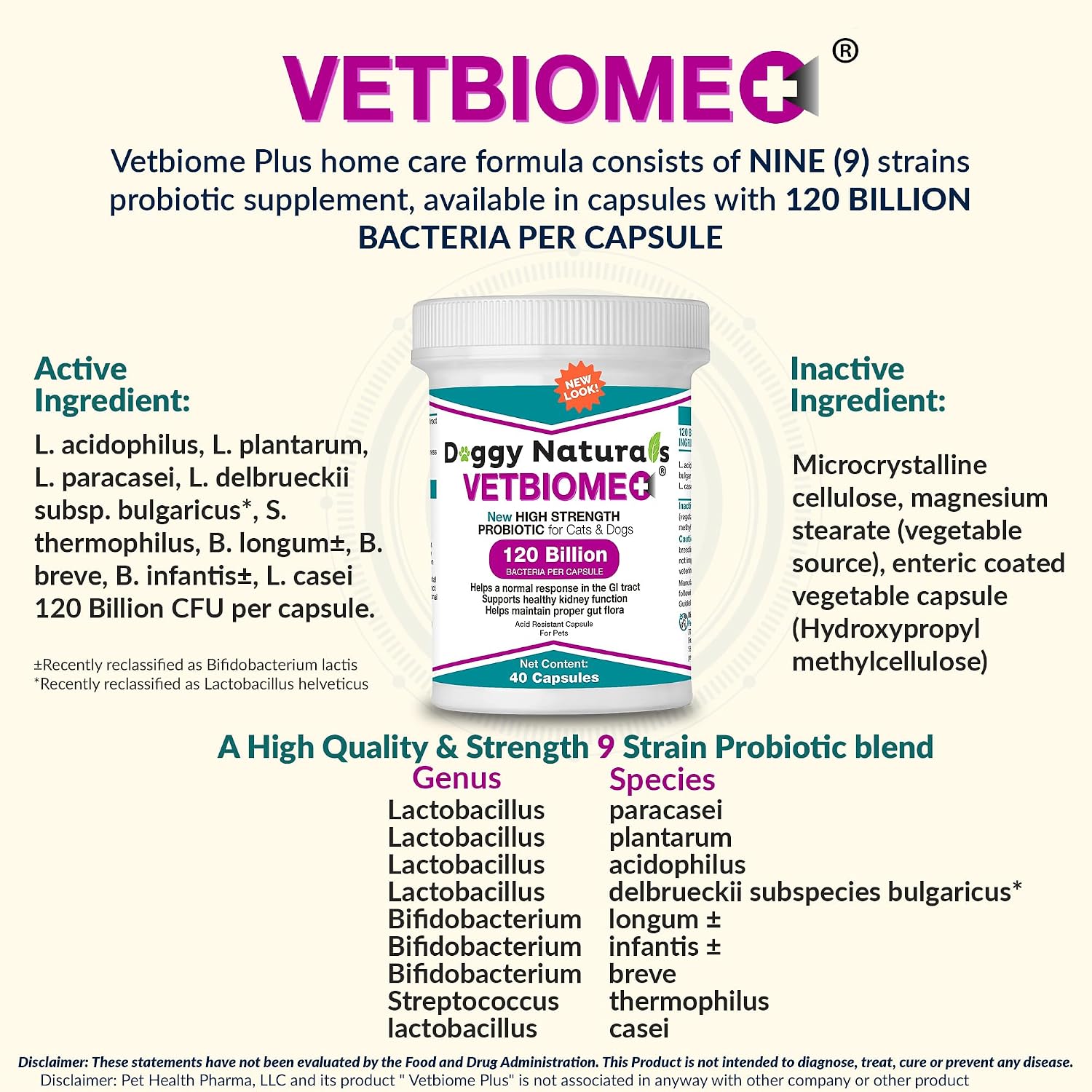 Vetbiome Plus Probióticos de Alta Potencia para Mascotas (160 Cápsulas) - 120 mil millones UFC, Fórmula de 9 Cepas - Probado por Terceros - Fabricado en EE.UU.