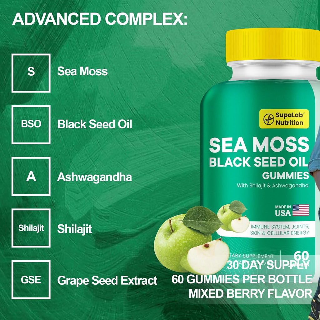 Sea Moss Gummis con Shilajit, Ashwagandha y Astaxantina - Rico en Minerales y Vitaminas - 60 Gominolas