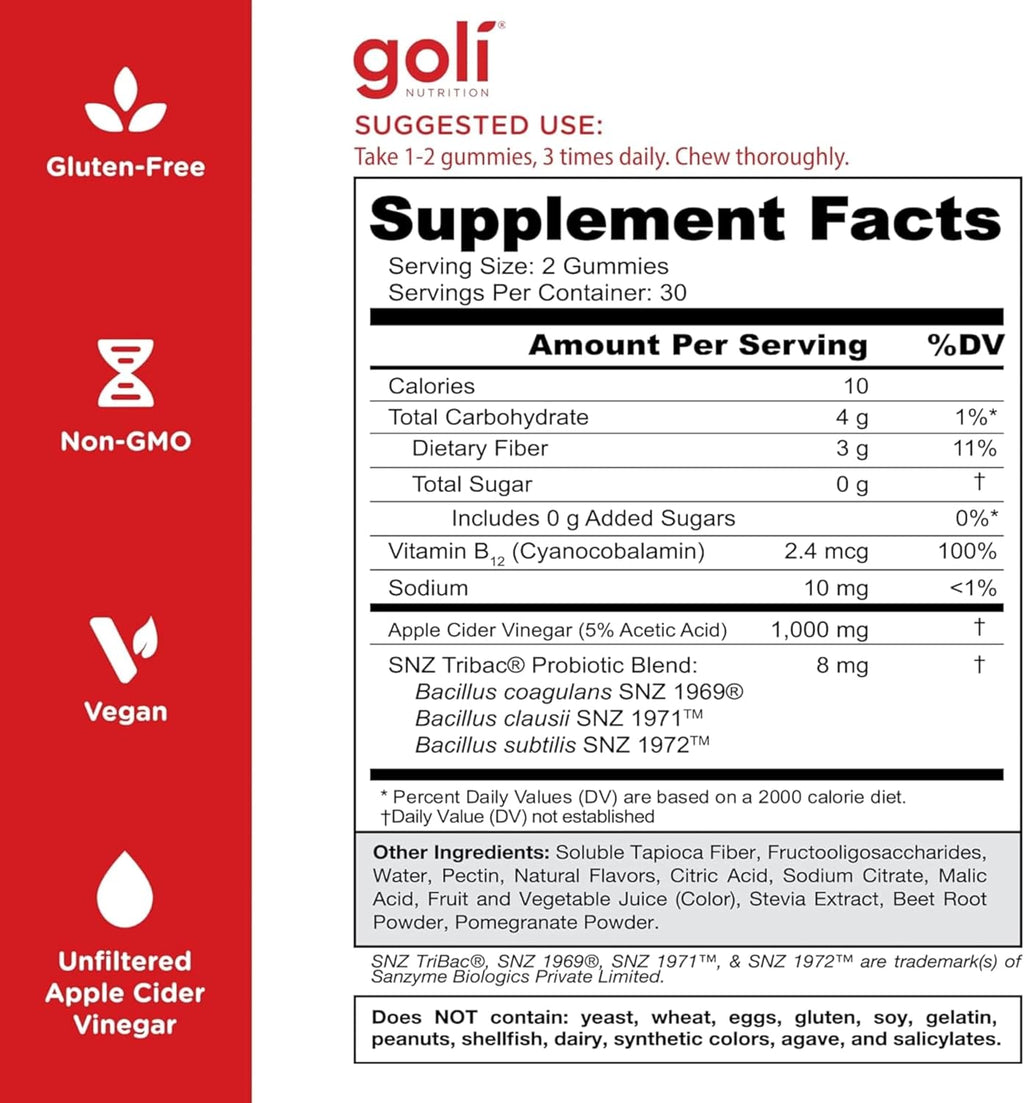 Goli Zero Sugar – Gomitas de Vinagre de Manzana con Vitamina B12 y Probióticos