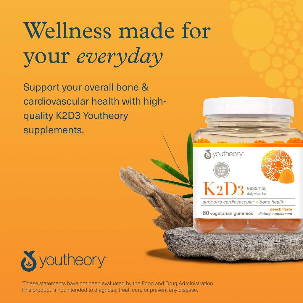 Youtheory K2D3 Gummies - 60 Gominolas de Vitamina D3 y K2, Sin Azúcar, Sabor Melocotón