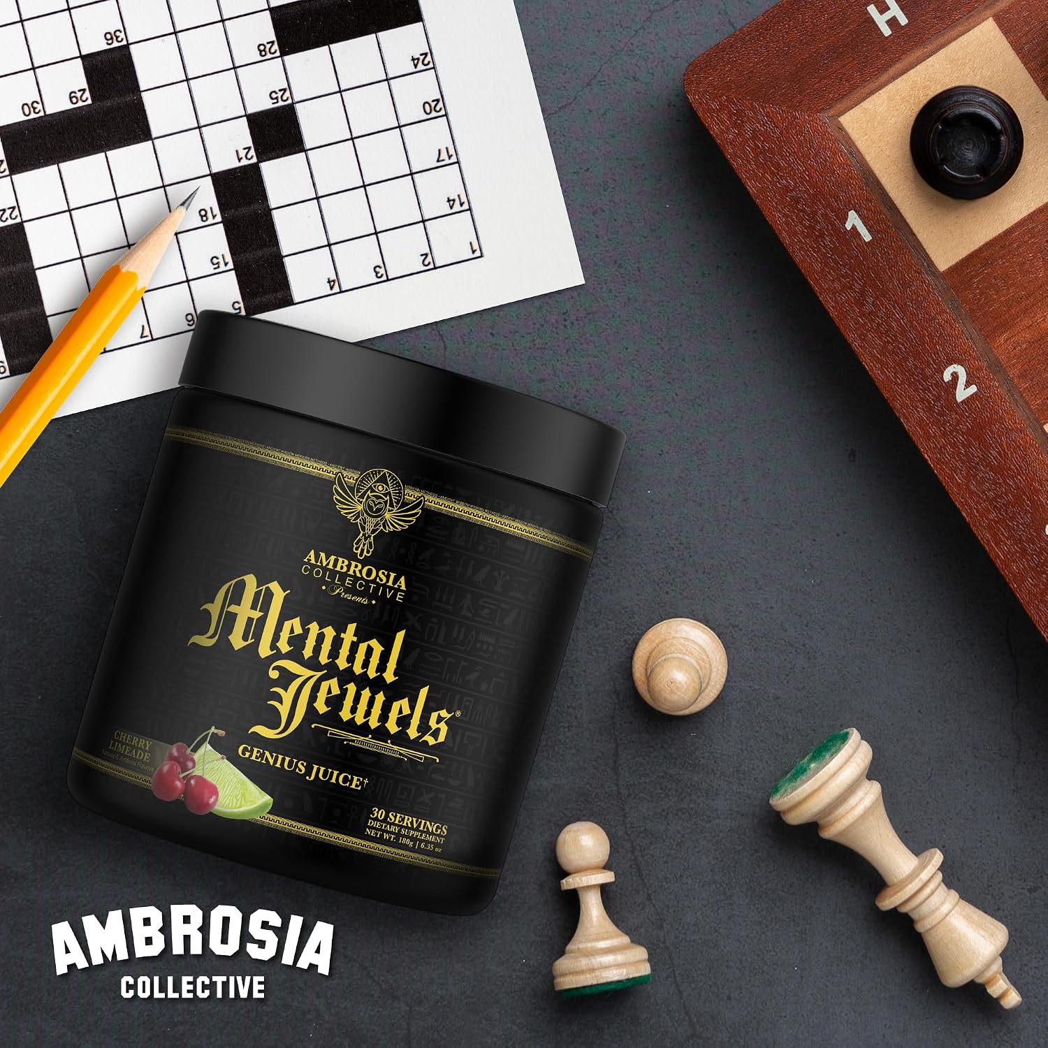 Ambrosia Mental Jewels – Nootrópico en Polvo con Alpha GPC, Bacopa y Fosfatidilserina | Memoria, Enfoque y Concentración | 30 Dosis | Sabor Cherry Limeade