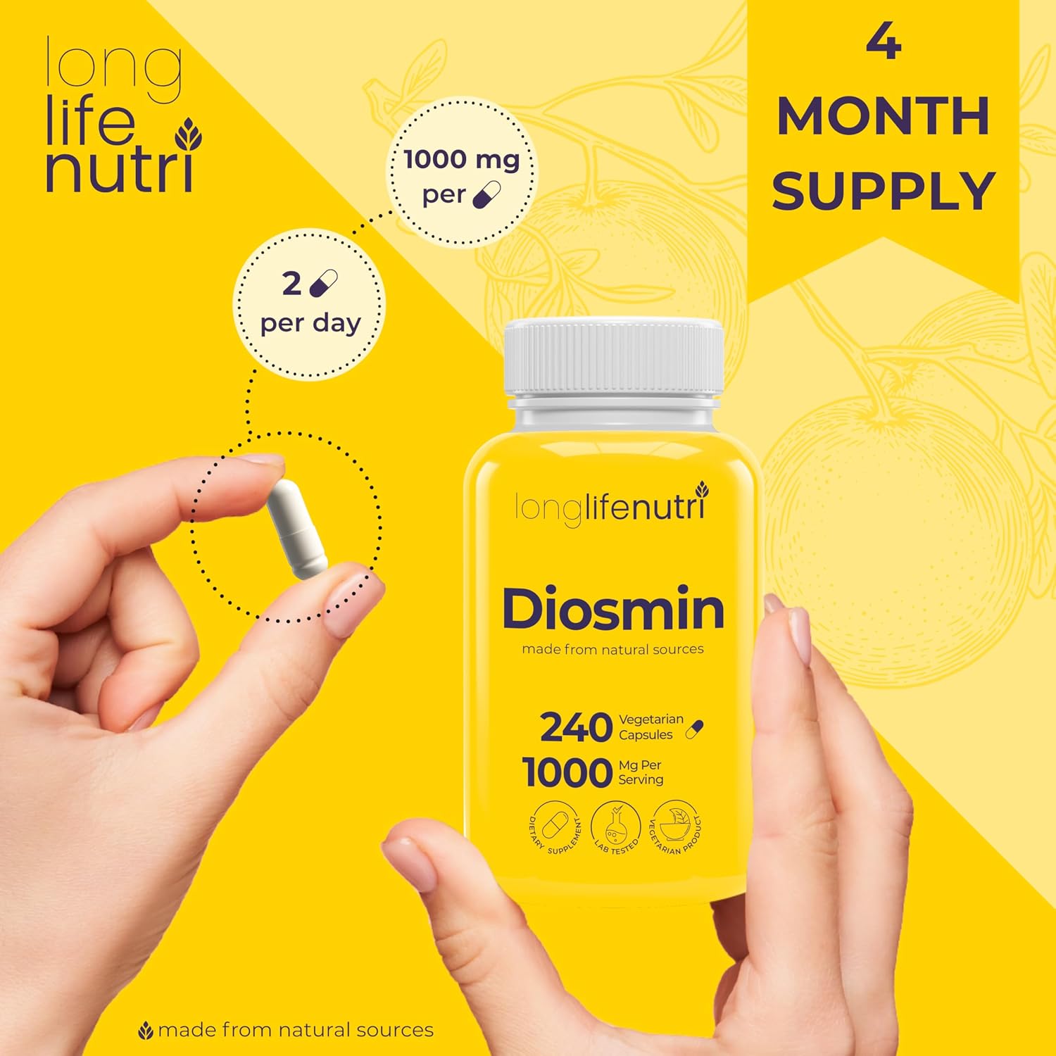 Diosmin 1000mg Advanced Formula - 240 Cápsulas para Apoyo a la Salud Circulatoria, Suministro de 4 Meses, No GMO, Fabricado en EE. UU. - Suplemento Diario de Bienestar