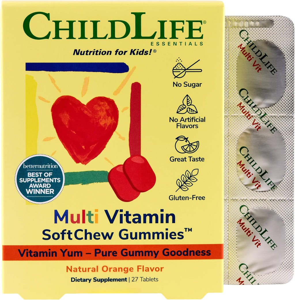 CHILDLIFE ESSENTIALS Multivitamínico Infantil Gomitas SoftChew - Sin Azúcar, Sabor Naranja Natural, 27 Gomitas