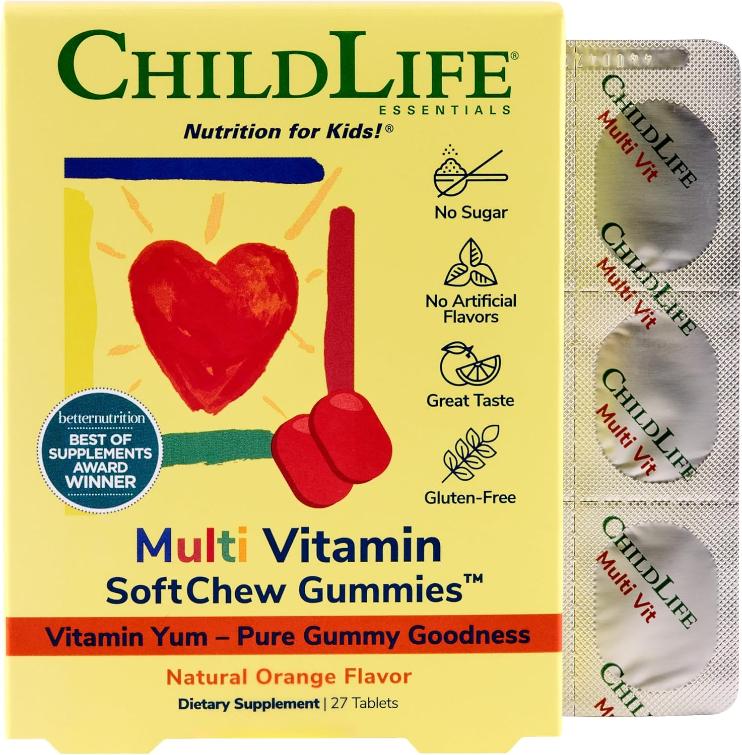 CHILDLIFE ESSENTIALS Multivitamínico en Gominolas para Niños - Sin Azúcar, Sabor Naranja Natural, 27 Gominolas