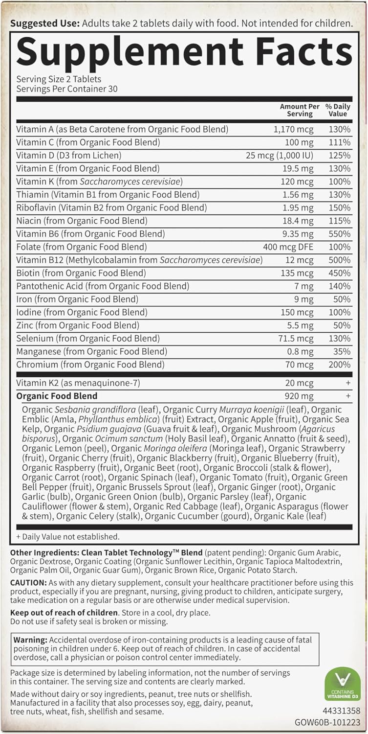 Garden of Life Organics Multivitamínico para Mujeres con Vitamina C, D3, Folato, B12, Biotina y Hierro – 60 Comprimidos