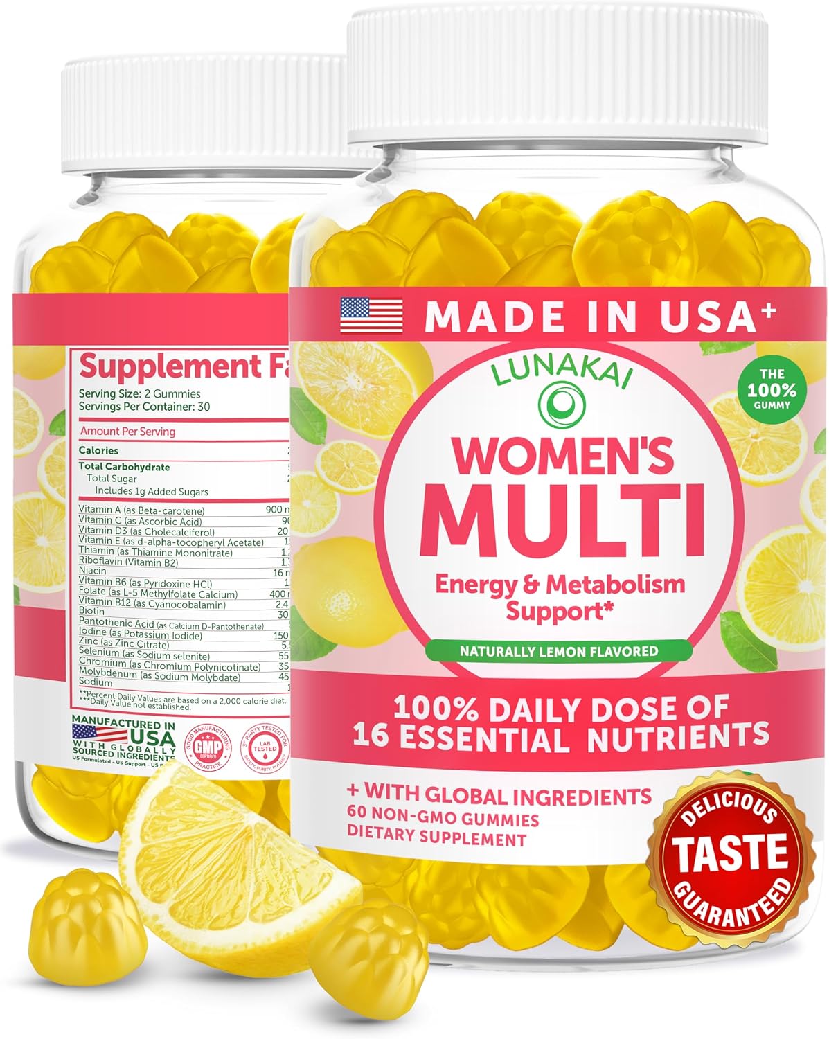 Lunakai Gominolas Multivitamínicas para Mujeres – 16 Vitaminas Esenciales – Sabor Limón – 60 Gomitas