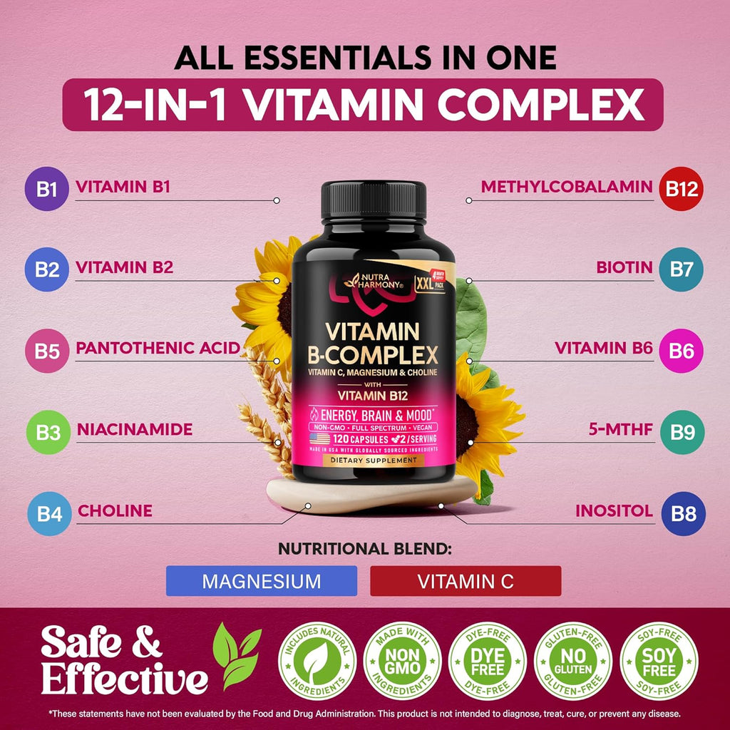 NUTRAHARMONY Complejo de Vitamina B con Riboflavina B2, B12, B1, B3, B5, B6, B7, B8, B9, Vitamina C, Colina, Inositol – 120 Cápsulas Veganas