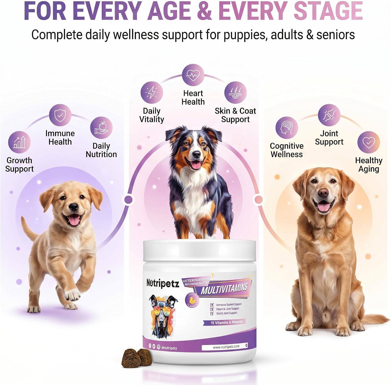 Nutripetz Suplemento Multivitamínico para Perros y Gatos, 120 Masticables Sabor Pato con Glucosamina y Probióticos