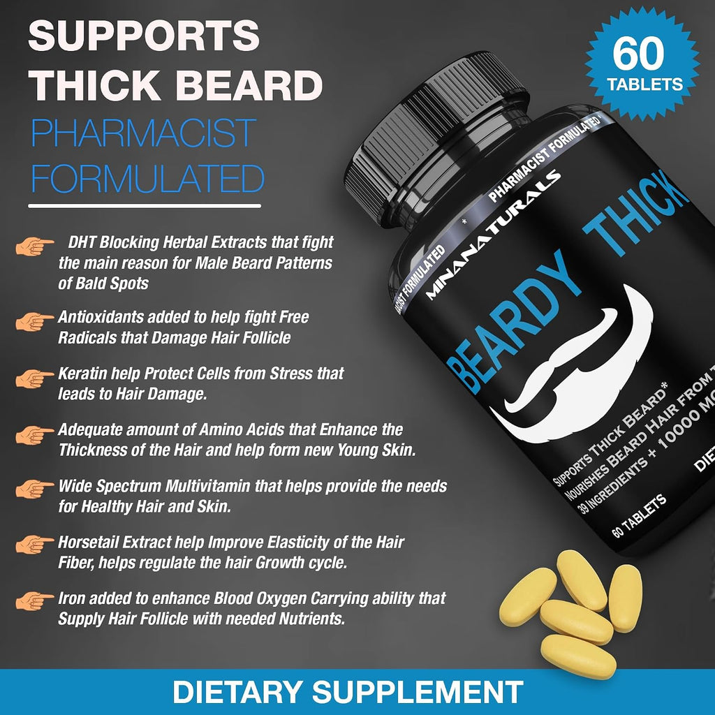 BEARDY Suplemento para Barba con Biotina 10000 mcg, Keratina, Colágeno, Silicio - 60 Comprimidos